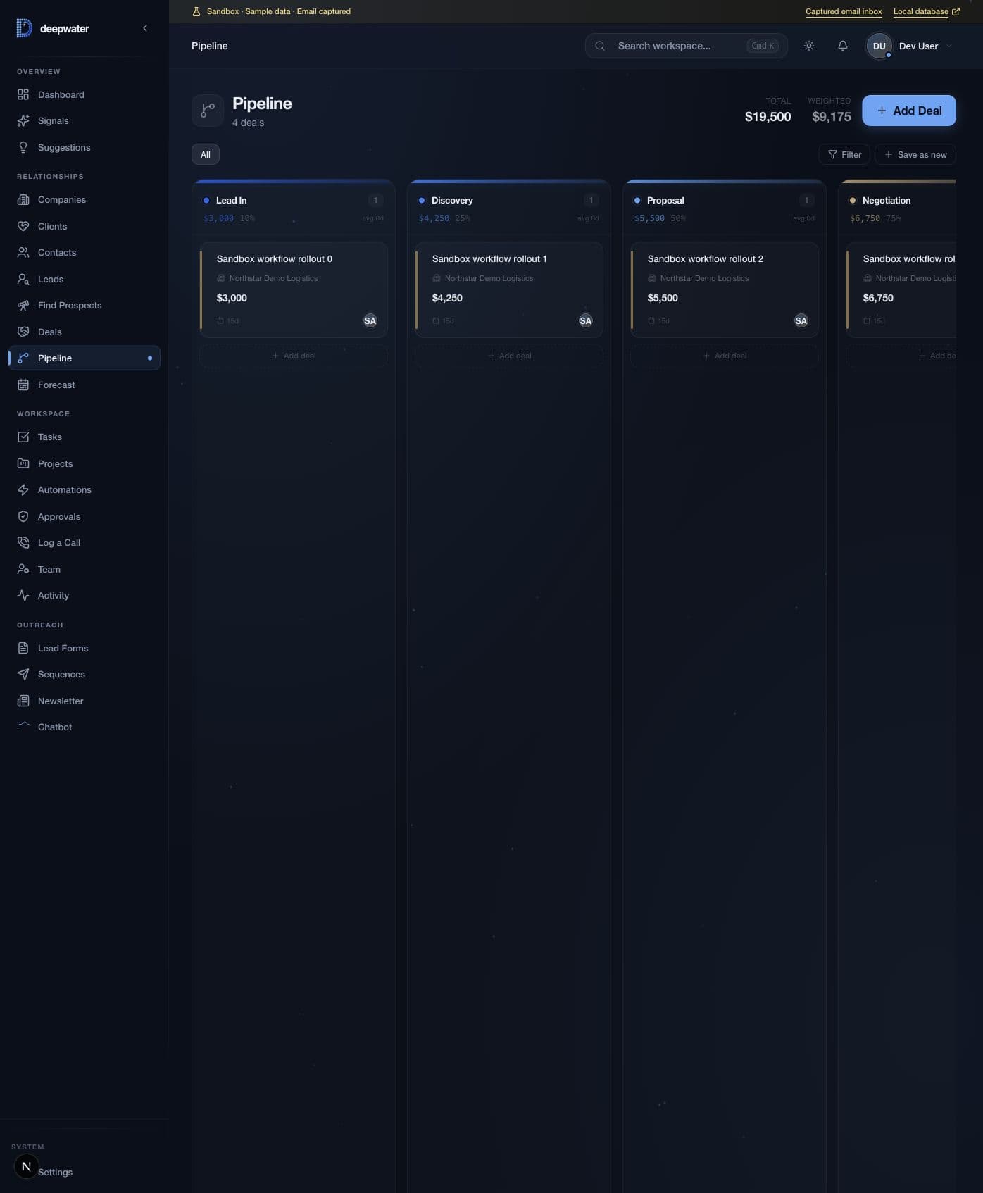 Deepwater CRM pipeline with fictional sandbox deals